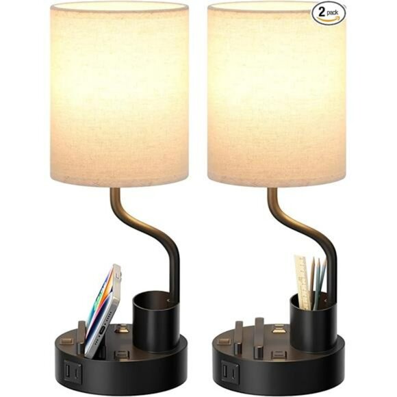 Set of 2 bedside table lamps with USB C AC outlets phone stand pen holder lighti - Picture 7 of 7
